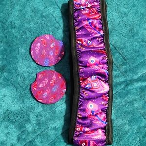 Purple Boho Feather Car Accessories Set - Coasters and Steering Wheel Cover